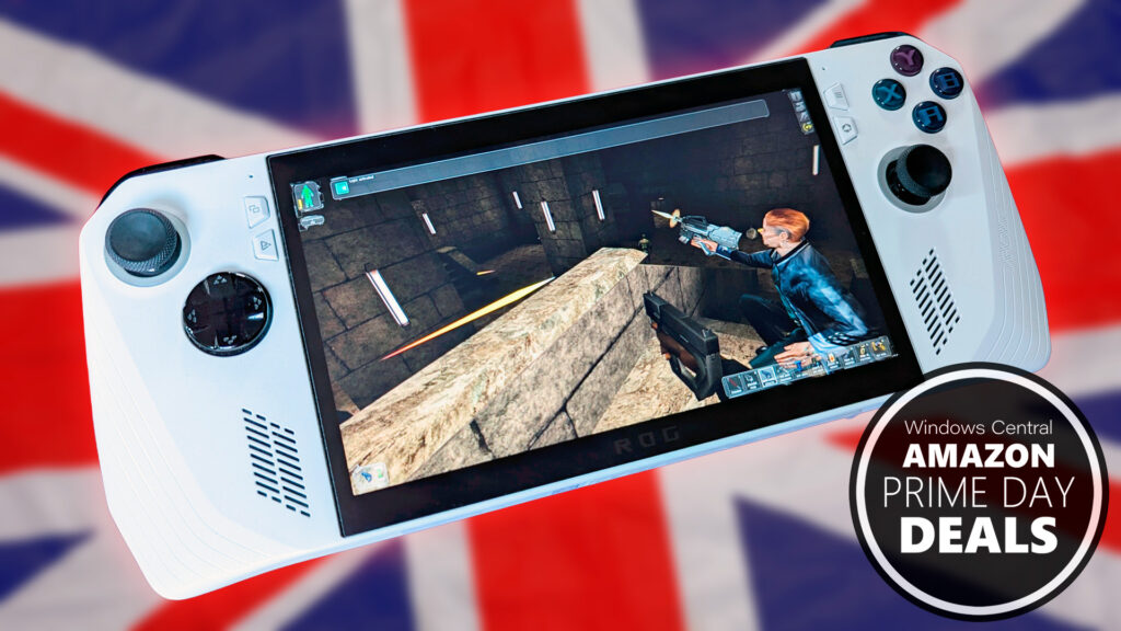 ASUS ROG Ally handheld gaming PC in front of the flag of Great Britain