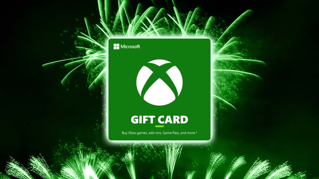 Xbox Gift Card floating in the air with green fireworks going off in the background.