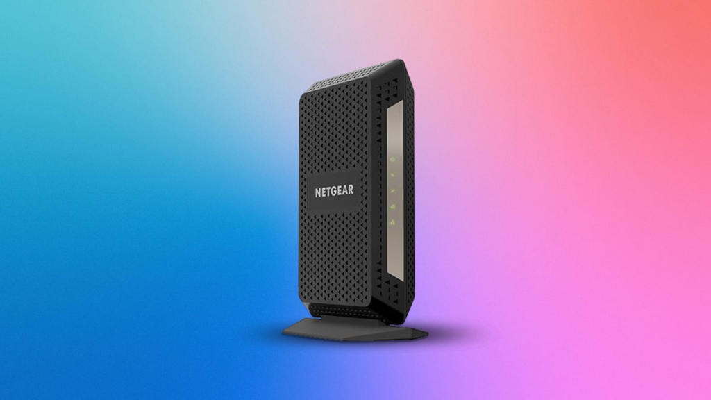 Black and gray Netgear cable modem on a multi-colored background