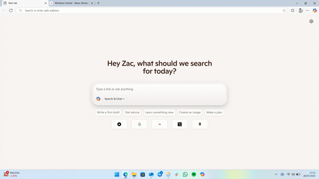 The new Copilot Mode tab page.