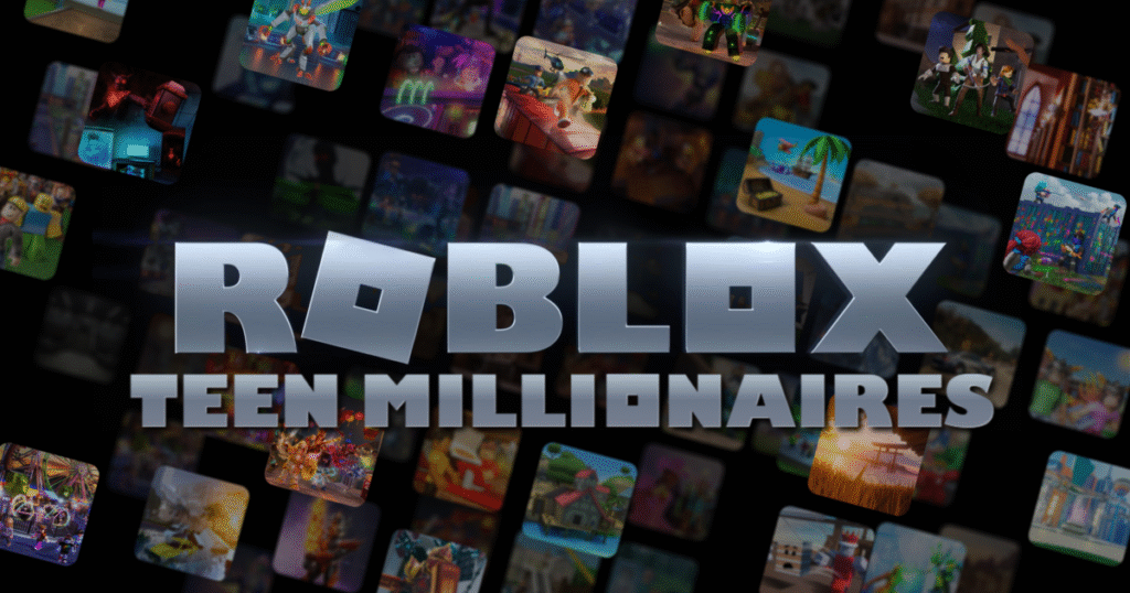 Roblox Logo, with text underneath reading &quot;teen millionaires&quot;
