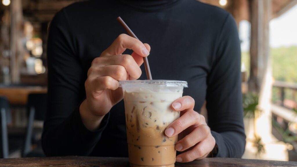 Iced coffee on a wood table with a person&apos;s hands sticking a straw in the cup.