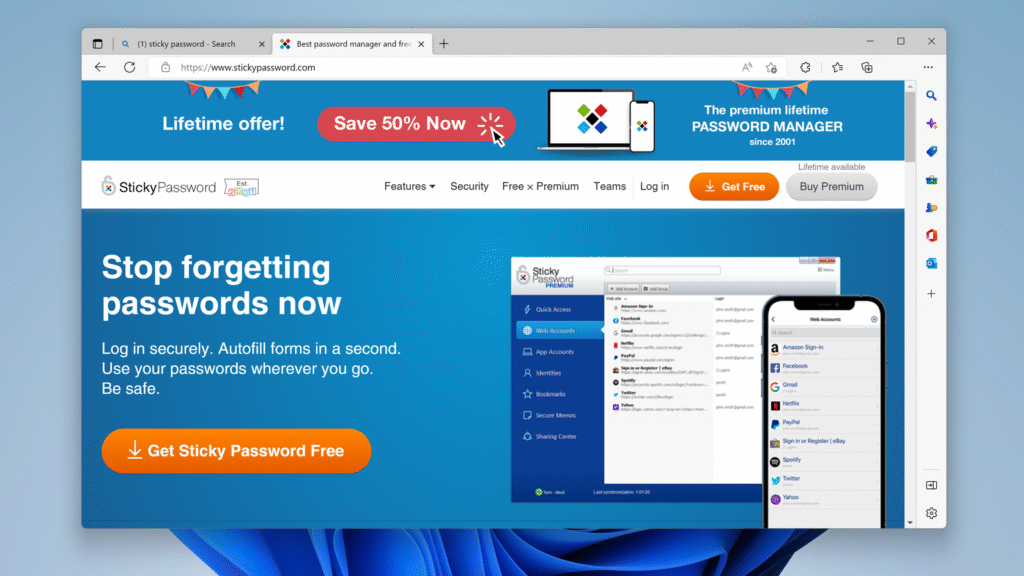 Website screenshot for Sticky Password