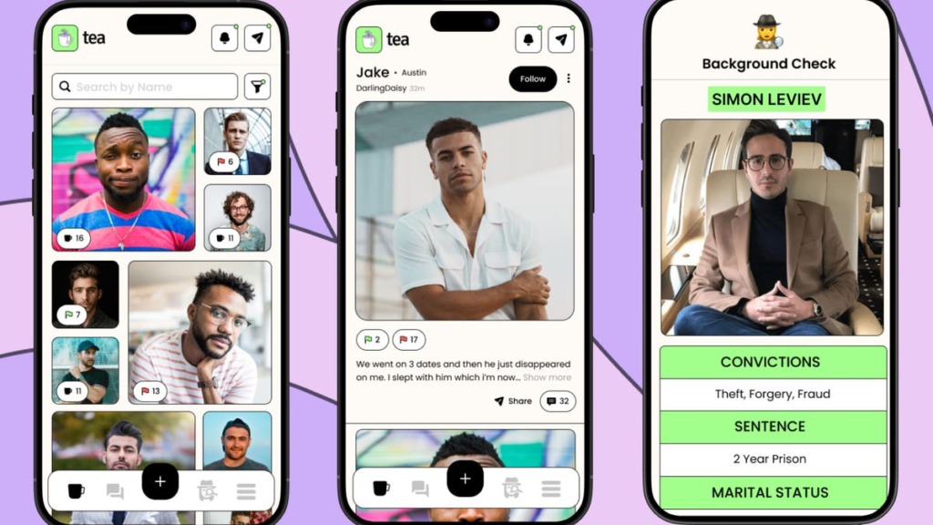Views of the Tea app on three phones