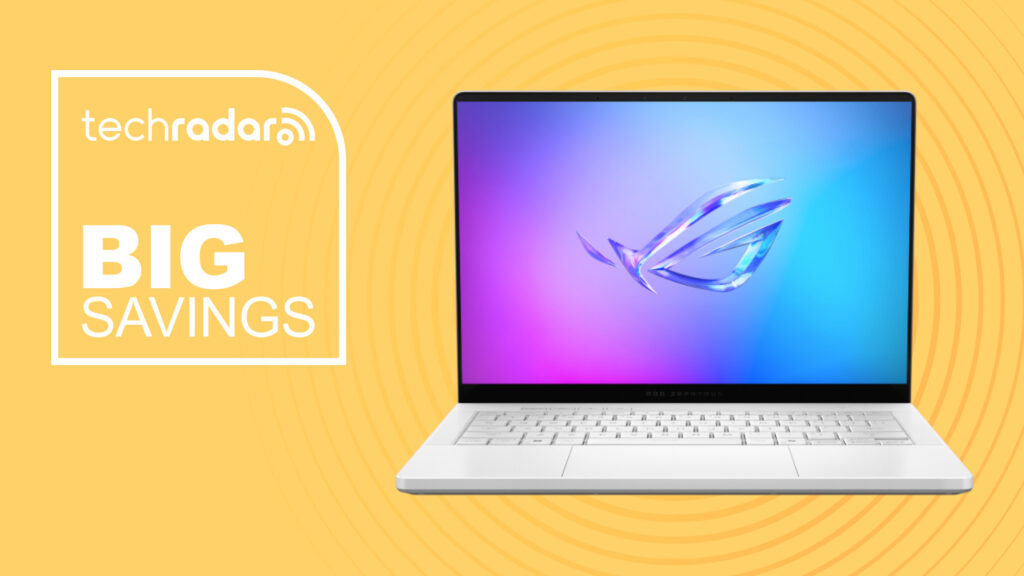 Asus Zephyrus G14 gaming laptop on yellow background with big savings text overlay