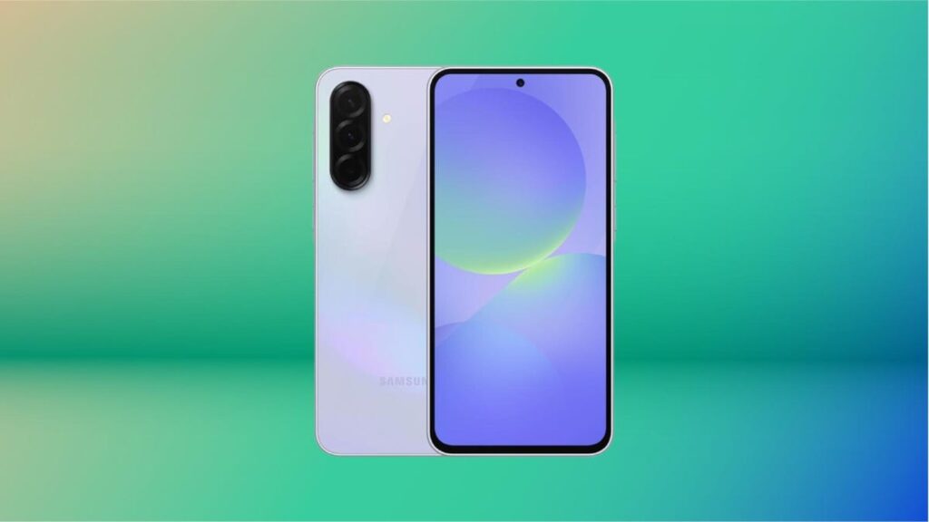 Samsung Galaxy A36 smartphone on a green background.