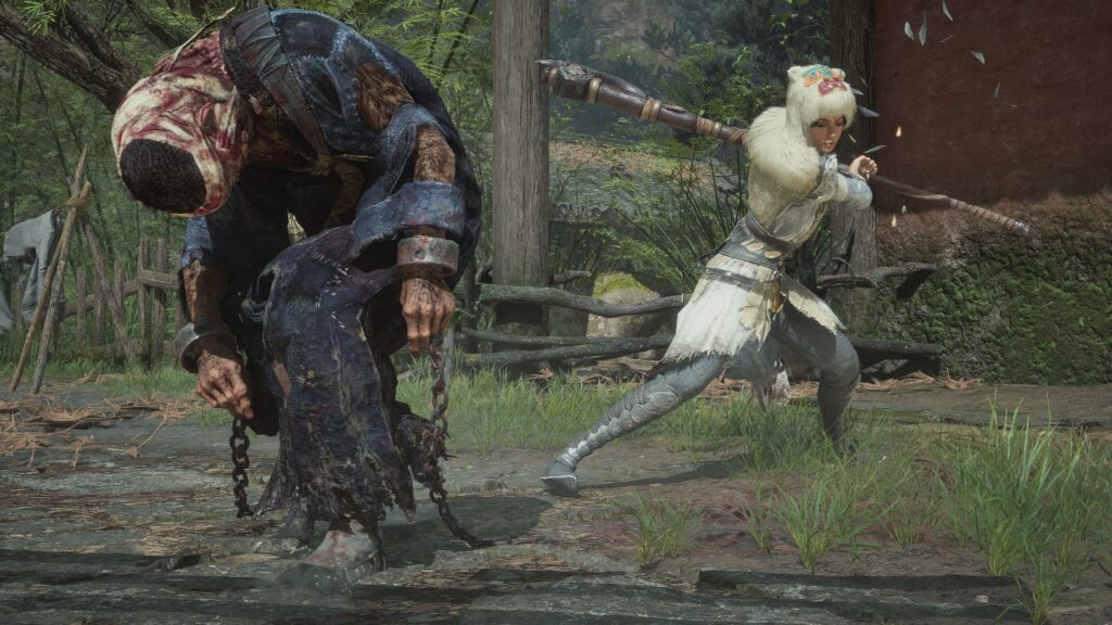 The main character of Wuchang: Fallen Feathers wearing a fluffy white outfit takes a swing as a hunched over enemy