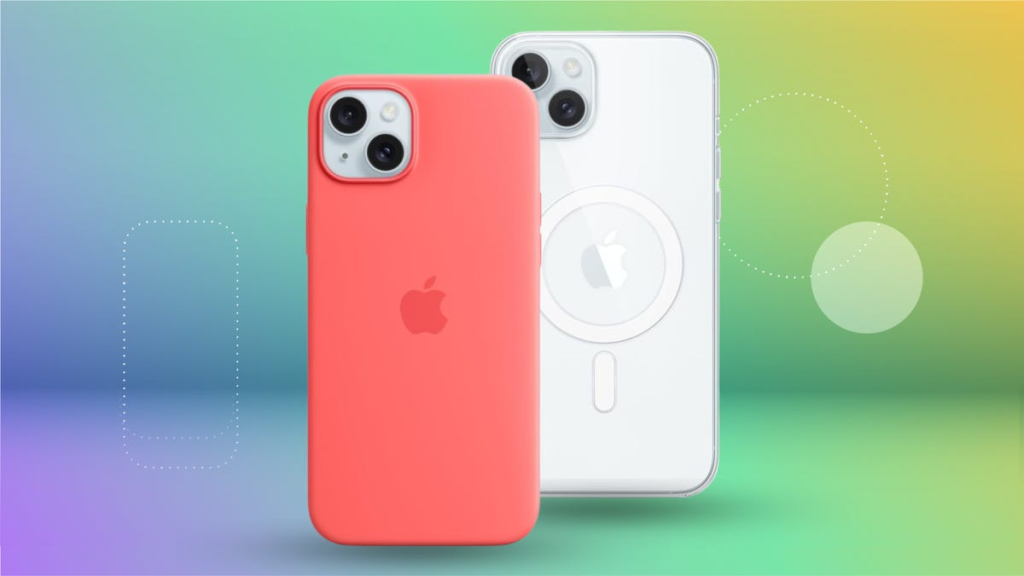 Two Apple iPhones on a multicolored background, one with a salmon colored case (left) and one with a white case