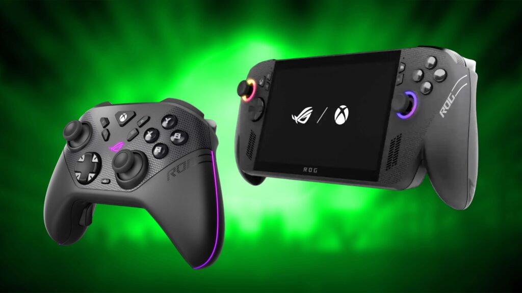 Backside of the ROG Raikiri II Xbox Wireless on a green background.
