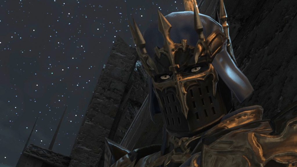 Fray, a Dark Knight from Final Fantasy 14, stares unimpressed down at the player.