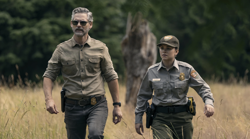 Eric Bana and Lily Santiago walk through the wilderness wearing police uniform in Untamed
