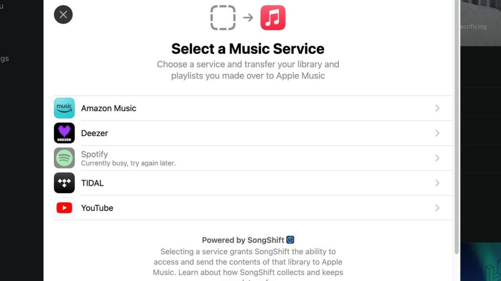 Apple Music's transfer song options with different music platforms shown.