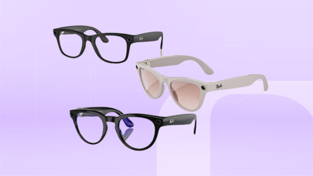 From top left: Black glasses, rose gold glasses, black cat eye glasses against lavender background.