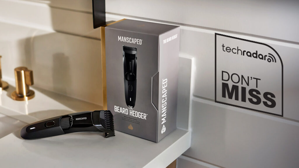Manscaped Beard Hedger beard trimmer on bathroom a sink, next to its box.