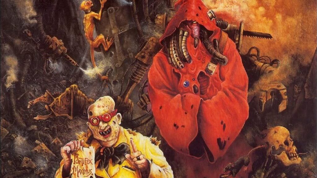 A tech-priest in red robes is heralded by a dodgy geezer holding paper that reads &quot;Pontifex Maximus&quot;