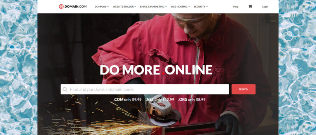 Domain.com homepage screenshot on water image background