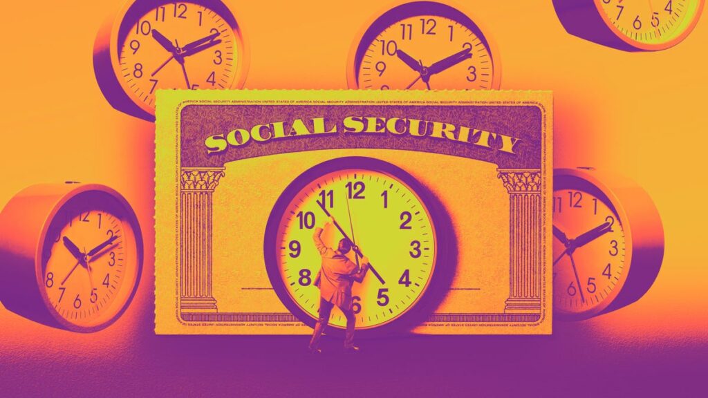 A man in a suit standing in front of a large clock holding the clock arm in place with a large Social Security card in the background.