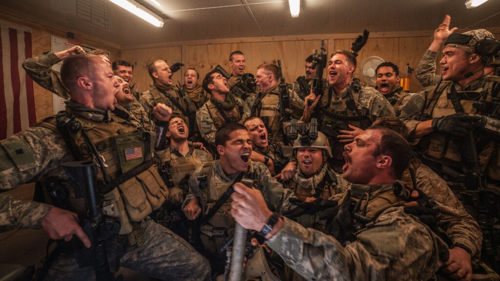 A group of war veterans in a still from Alex Garland's Warfare