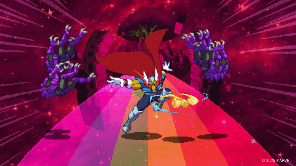 Beta Ray Bill fighting aliens on the Bifrost bridge in Marvel Cosmic Invasion.