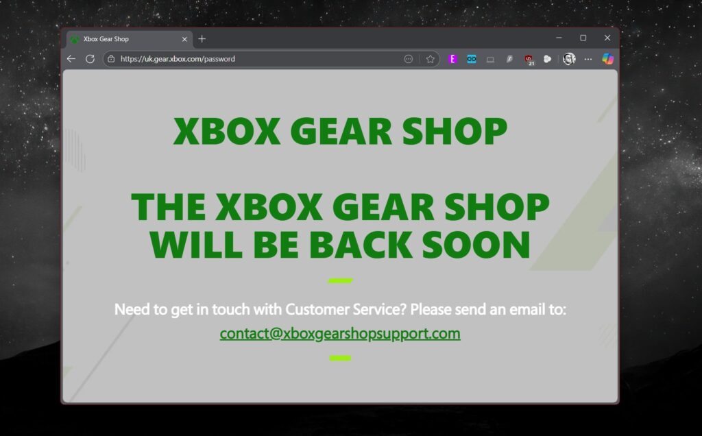 Xbox Gear Shop website, saying it will "be back soon."