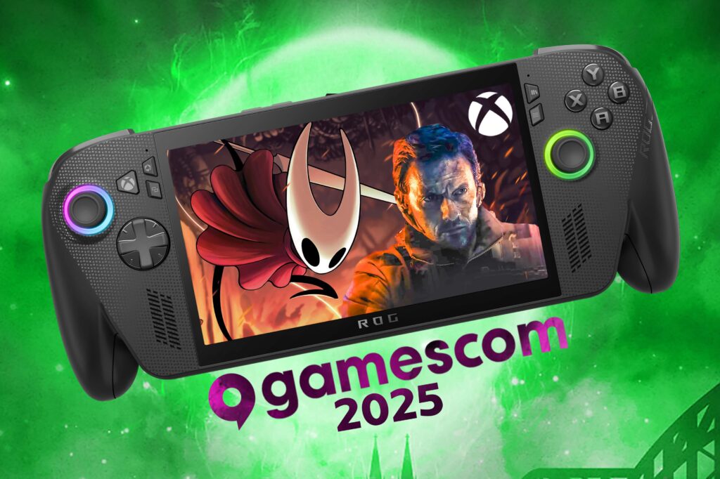 An Xbox Ally X floating over a green background with Silksong displayed on the screen along with the protagonist from Call of Duty: Black Ops 7. It says