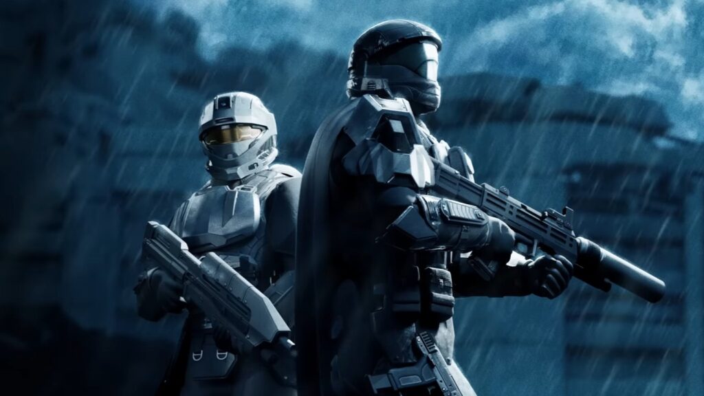 Two Helldivers standing in the rain and holding guns.