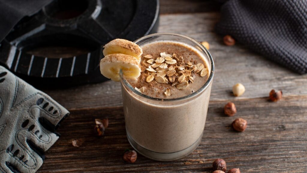 banana protein shake and weight plate