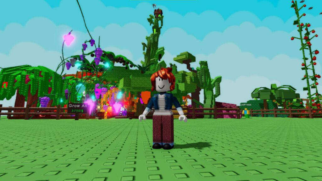 Character avatar in front of an Overgrown garden in Roblox Grow a Garden