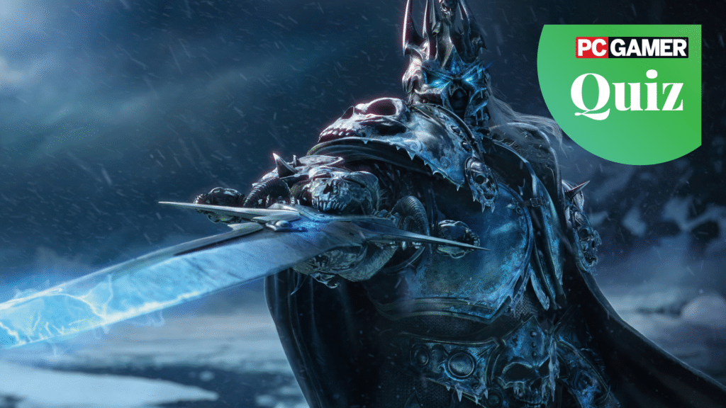 Arthas, the Lich King, raises his unholy blade Frostmourne in Challenge. In the corner, a PC GAMER QUIZ stamp has been placed.
