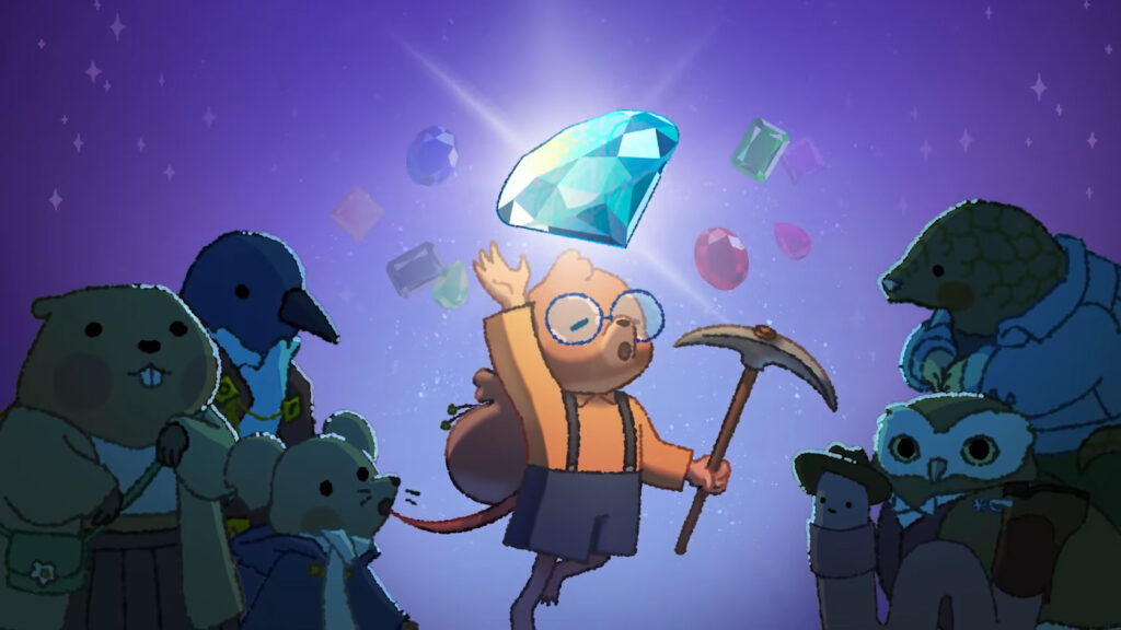 A mole with a diamond and a pickaxe, with other animals watching