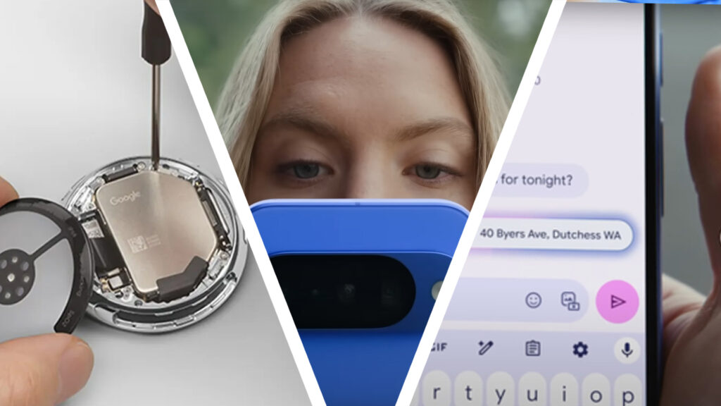 A Pixel Watch 4 being repaired, a woman looking at a blue Pixel 10, and a phone screen showing Google's Magic Cue feature during texting