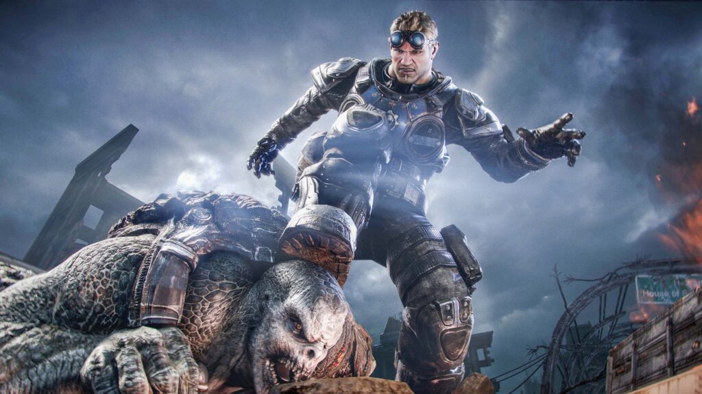 A screenshot from Gears of War: Reloaded showing an armored man stepping on an abomination's head.