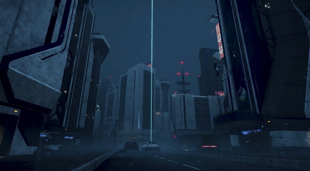 A rainy city in Helldivers 2, with a beacon of light in the middle.