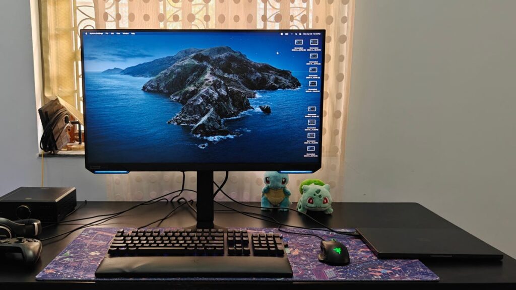 Desk setup with laptop connected to monitor with lid closed