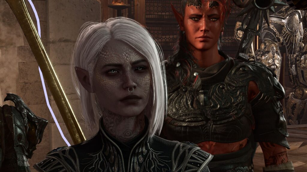 A Drow Tav from Baldur's Gate 3 with modded skin textures and piercings. Karlach stand just to her right in the background.