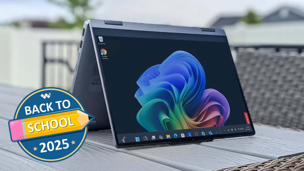 Lenovo IdeaPad 5X 2-in-1 on a table in tent mode. A graphic on top of the image reads, &quot;Back to School 2025.&quot;