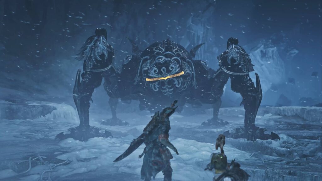 Promotional screenshot of the player fighting Omega Planetes in Monster Hunter Wilds