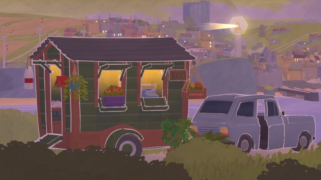 Your bookstore hitched to a car in Tiny Bookshop. This one is painted brown and green with a black roof. There are plants hung around the outside, a birdhouse, and buoy - all for decoration. There's a distant seaside town in the background with a lighthouse shining.