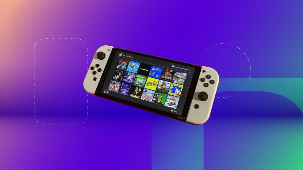 Nintendo Switch OLED with a blue background.