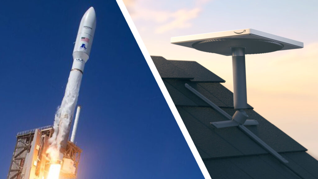 A rocket taking off and an Amazon Project Kuiper terminal on a roof
