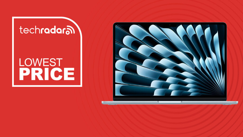 The Apple MacBook Air 13-inch (M4) on a red background with text saying Lowest Price.