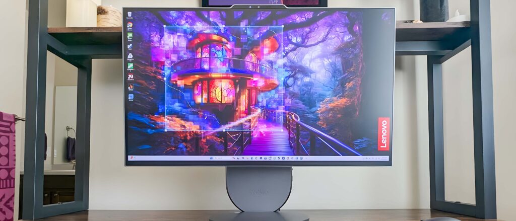 Review: Lenovo’s Yoga AIO 27″ is perfect for school and work Lenovo Yoga AIO 27" sitting on a desk and displaying a vibrant Lenovo background depicting a fantasy treehouse in a forest with purple leaves.