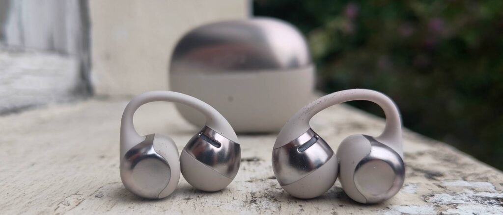 The Shokz OpenDots One on a white windowsill