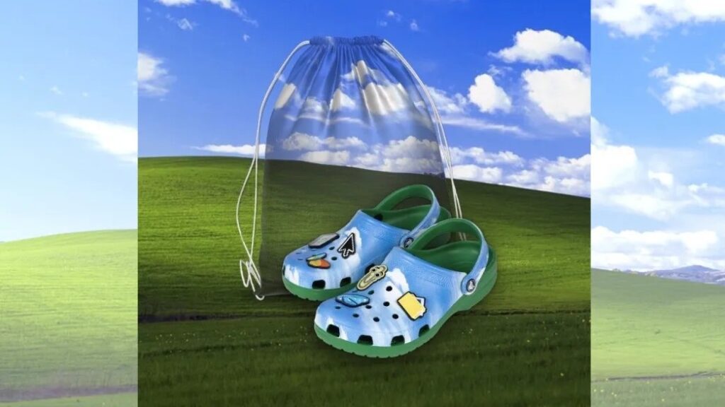 Windows XP themed crocs in front of the Bliss wallpaper.