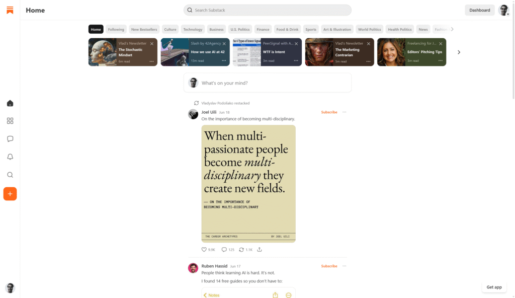 Substack dashboard and interface