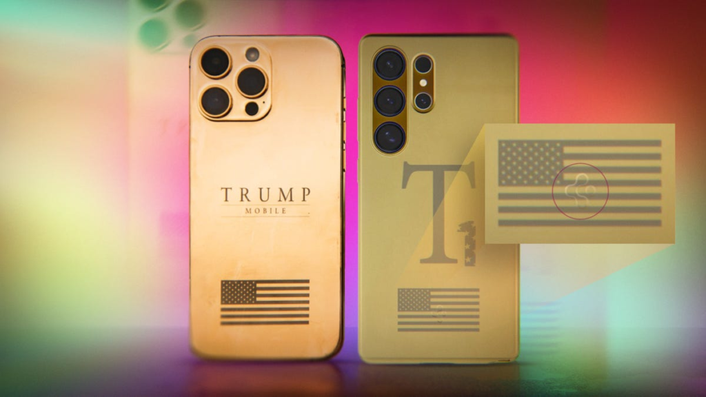 Two versions of the Trump Mobile T1 phone, and a closeup of the Spigen logo on one of them.