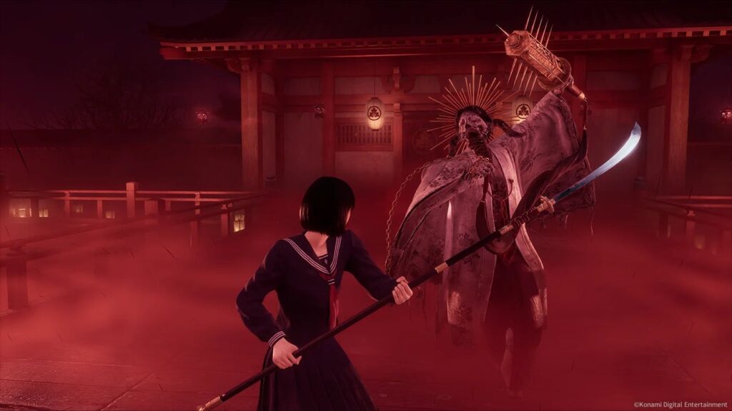 Hinako wields a naginata in a boss fight