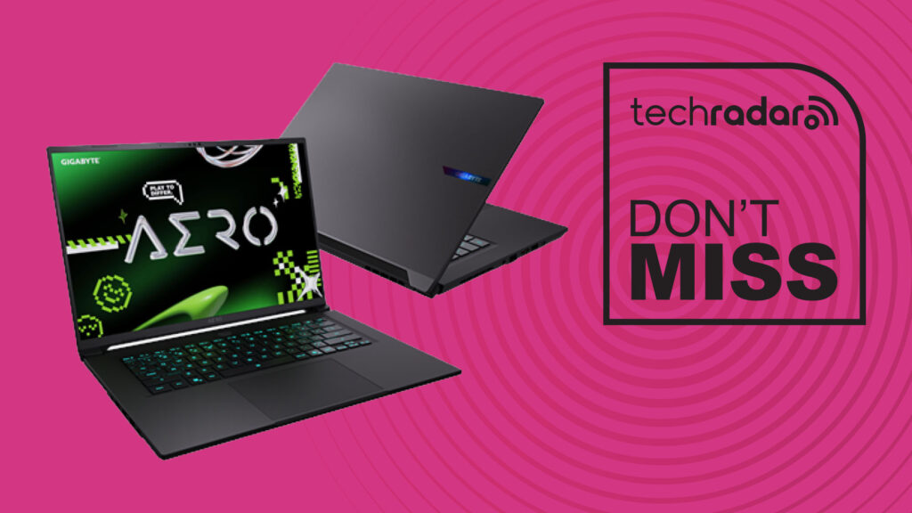 Gigabyte Aero X16 space gray gaming laptop on pink background with TechRadar don't miss sign