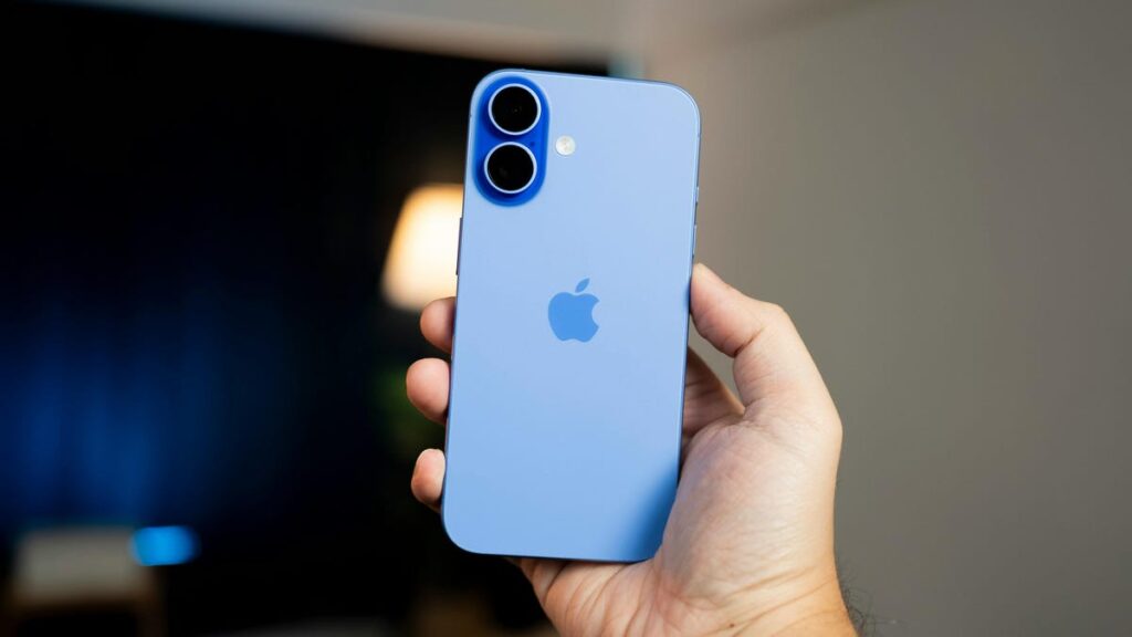 A blue iPhone 16.