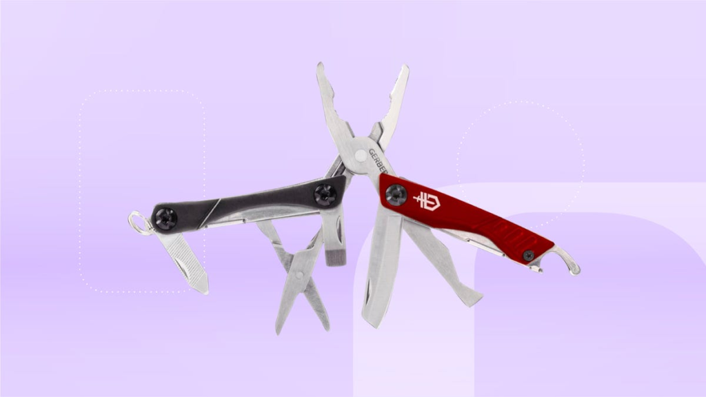Red and black multitool with all tools displayed, set against a pale lavender background.
